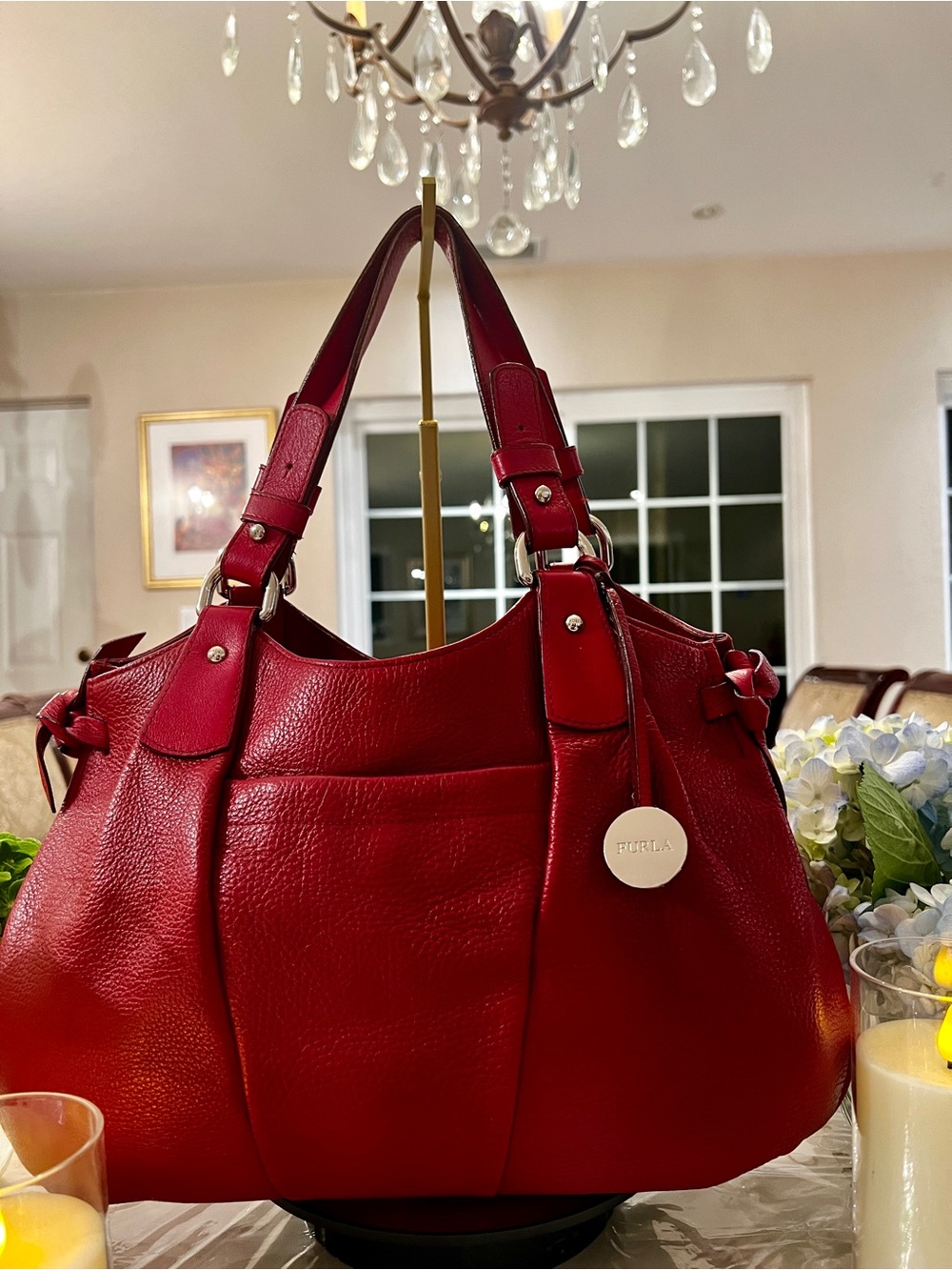 Furla Deep Red Pebbled Leather Shoulder Bag